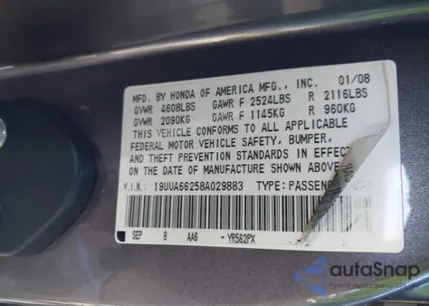 2008 Acura Tl 3.2 из США, поврежденный, VIN 19UUA66258A029883